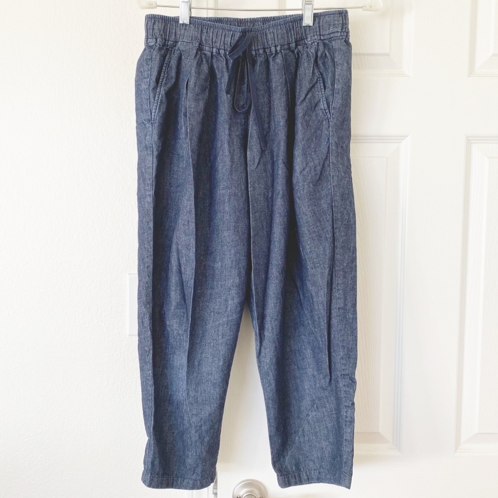 Muji Tapered Pleated Elastic Drawstring Pants - High Rise - Denim Chambray